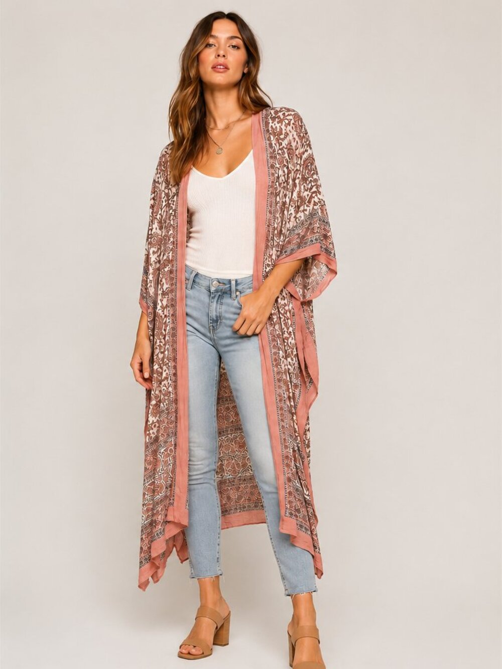 Free People Eternal Flame Maxi Kimono Pink Paisley One Size